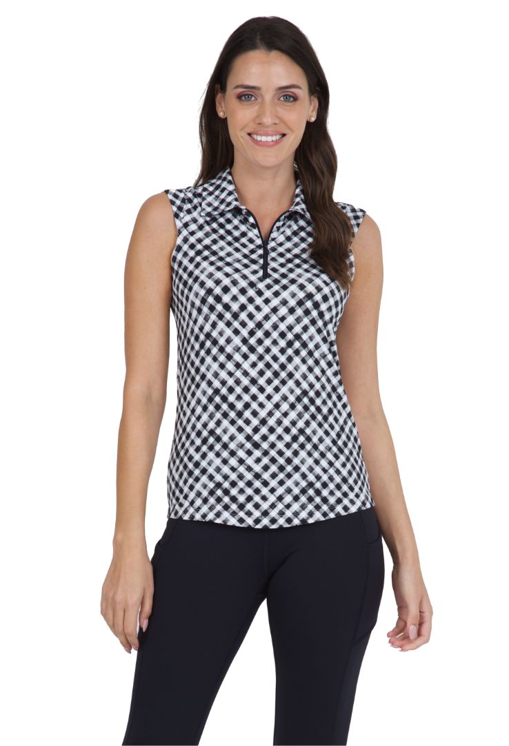 Gingham Check Print Sleeveless Mock Neck - 14876