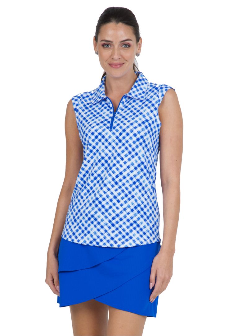 Gingham Check Print Sleeveless Mock Neck - 14876