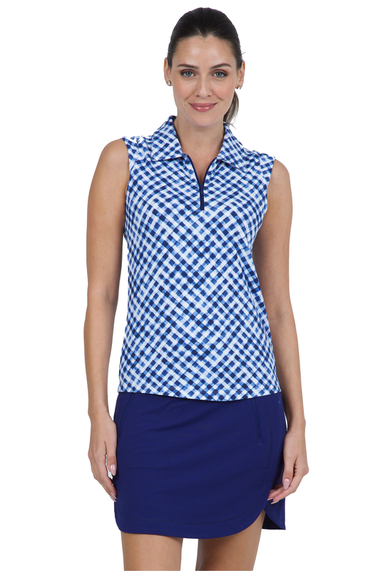 Gingham Check Print Sleeveless Mock Neck - 14876