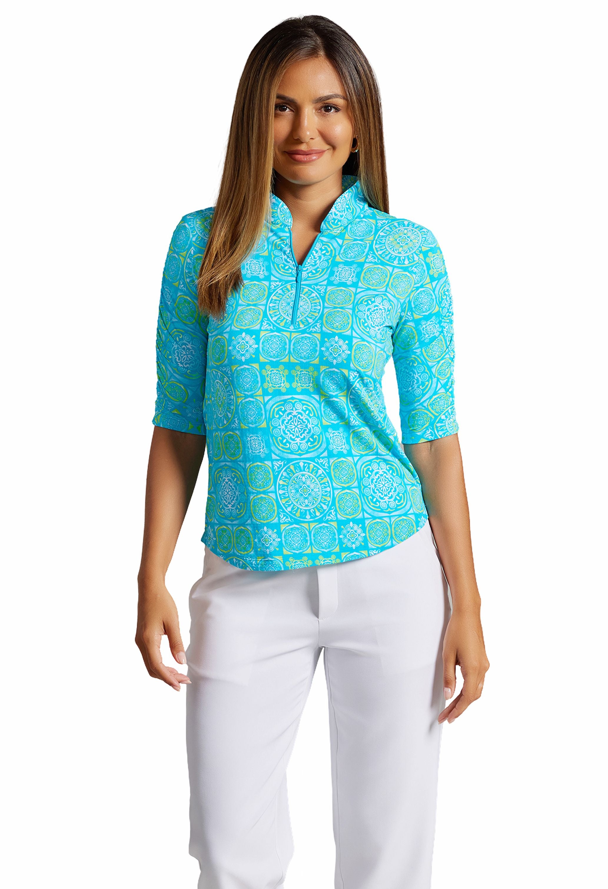 Colette Print Mandarin Collar-Ruched Elbow Sleeve - 41090