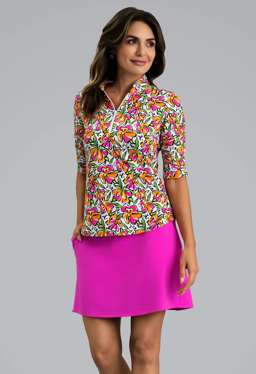 Sonia Mandarin Collar Ruched Elbow Sleeve Top 41245