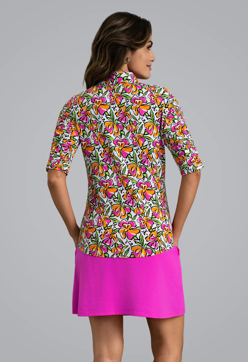 Sonia Mandarin Collar Ruched Elbow Sleeve Top 41245
