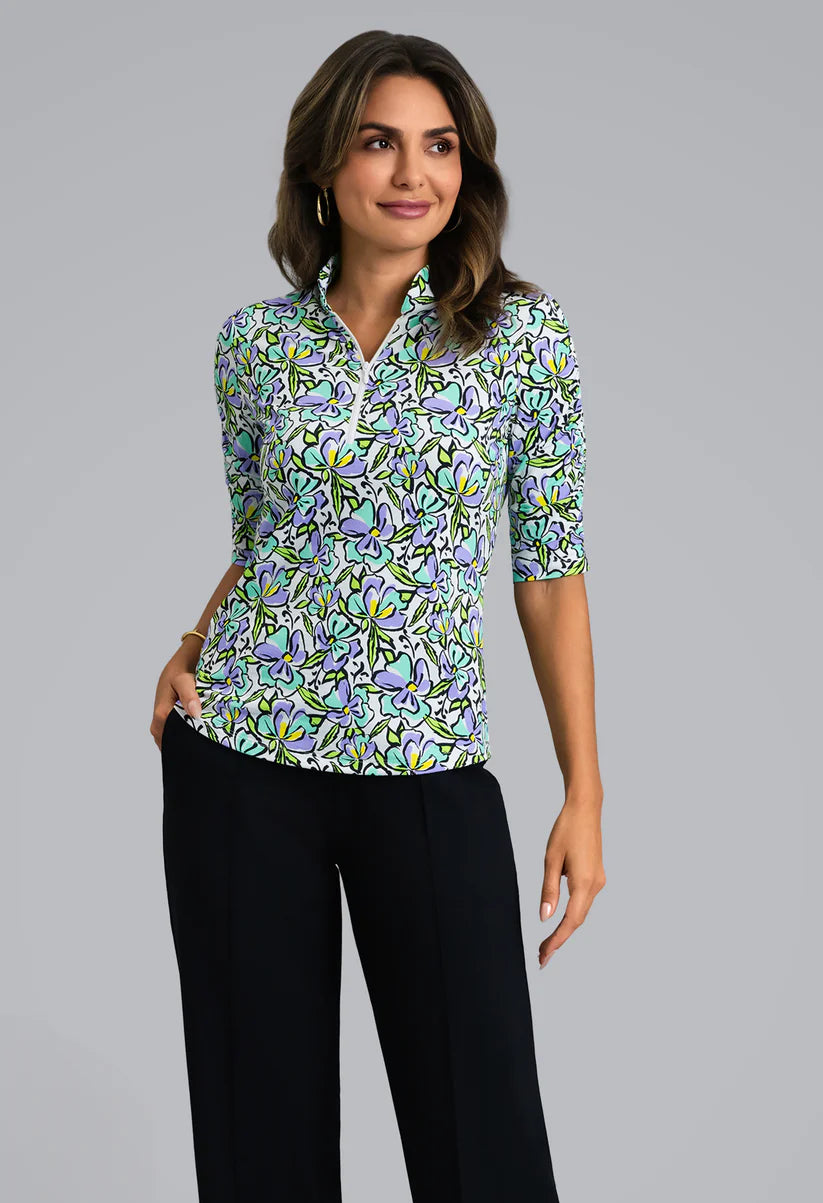 Sonia Mandarin Collar Ruched Elbow Sleeve Top 41245