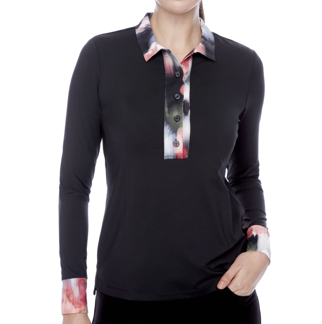 Velocity Black Floral Long-Sleeve Button-Up Polo-6048