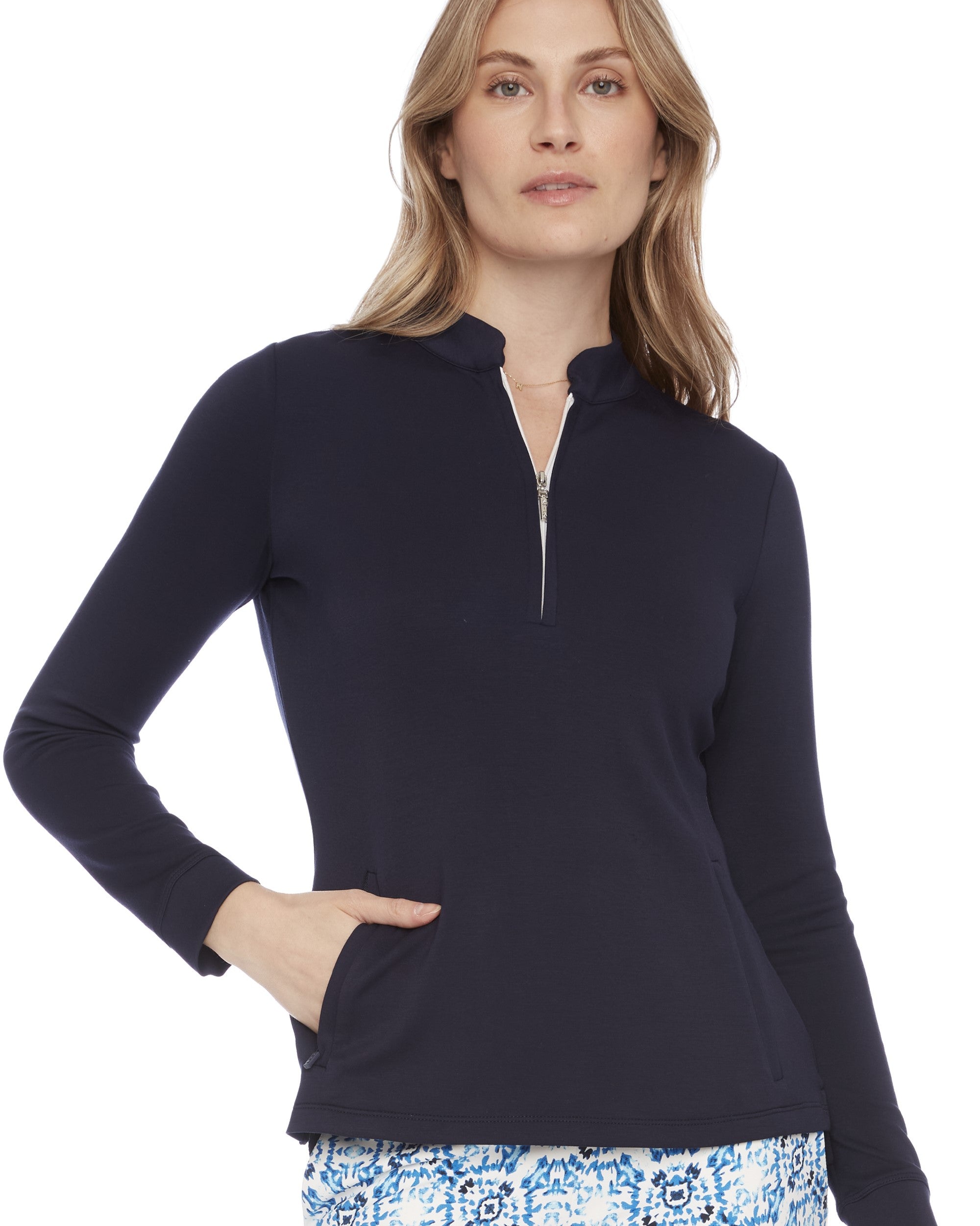 Solid Long-Sleeve Zippered Modal Top-6074