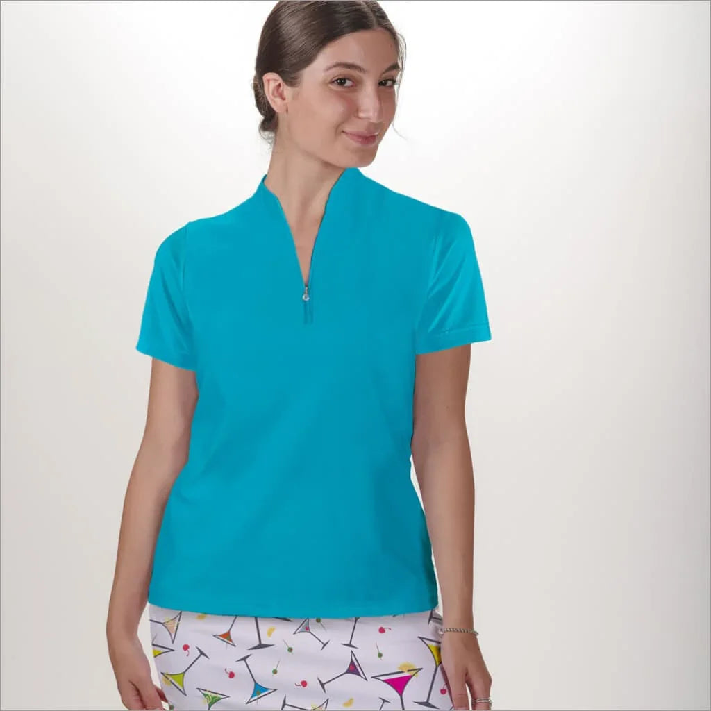 Aqua Polo Quarter Zip Neck Top - Shirts & Tops