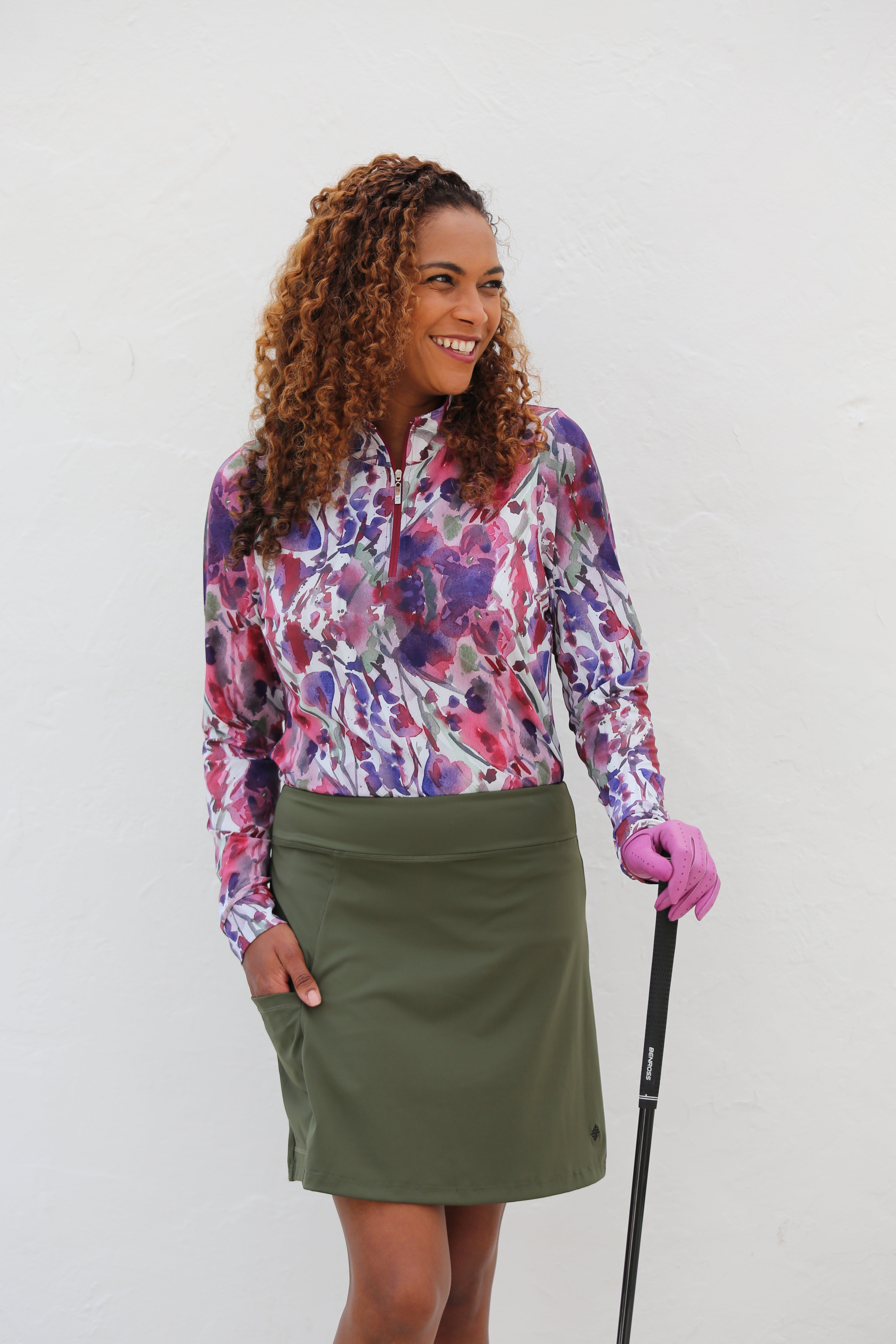 Kick Pleat Golf Skort-Moss