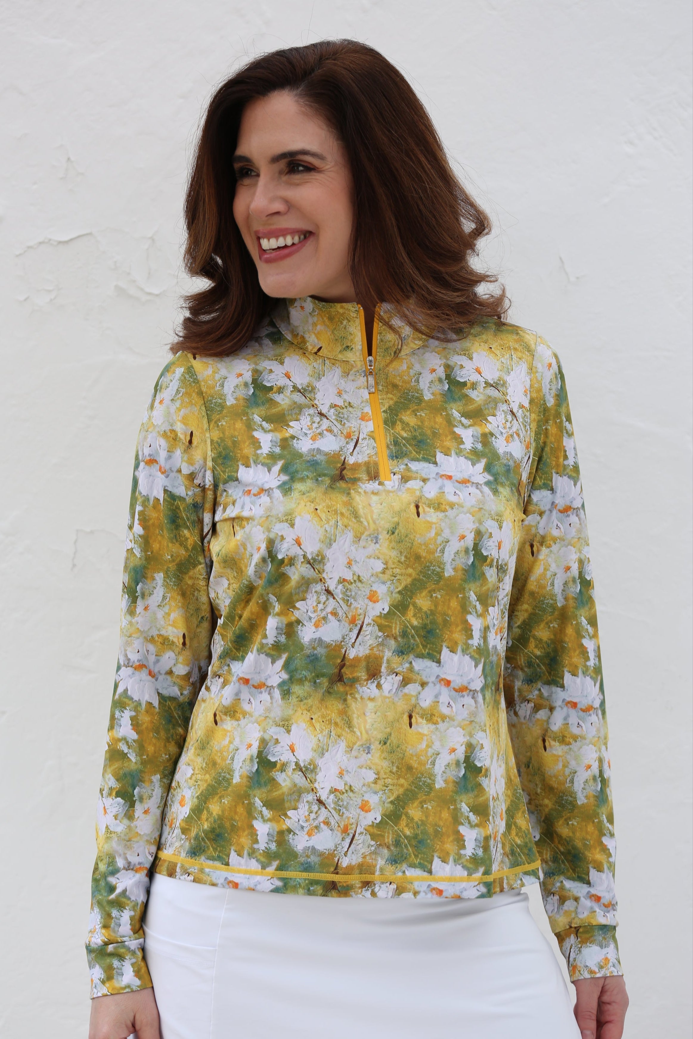 Long Sleeve Mid Layer Golf Shirt-Daisies