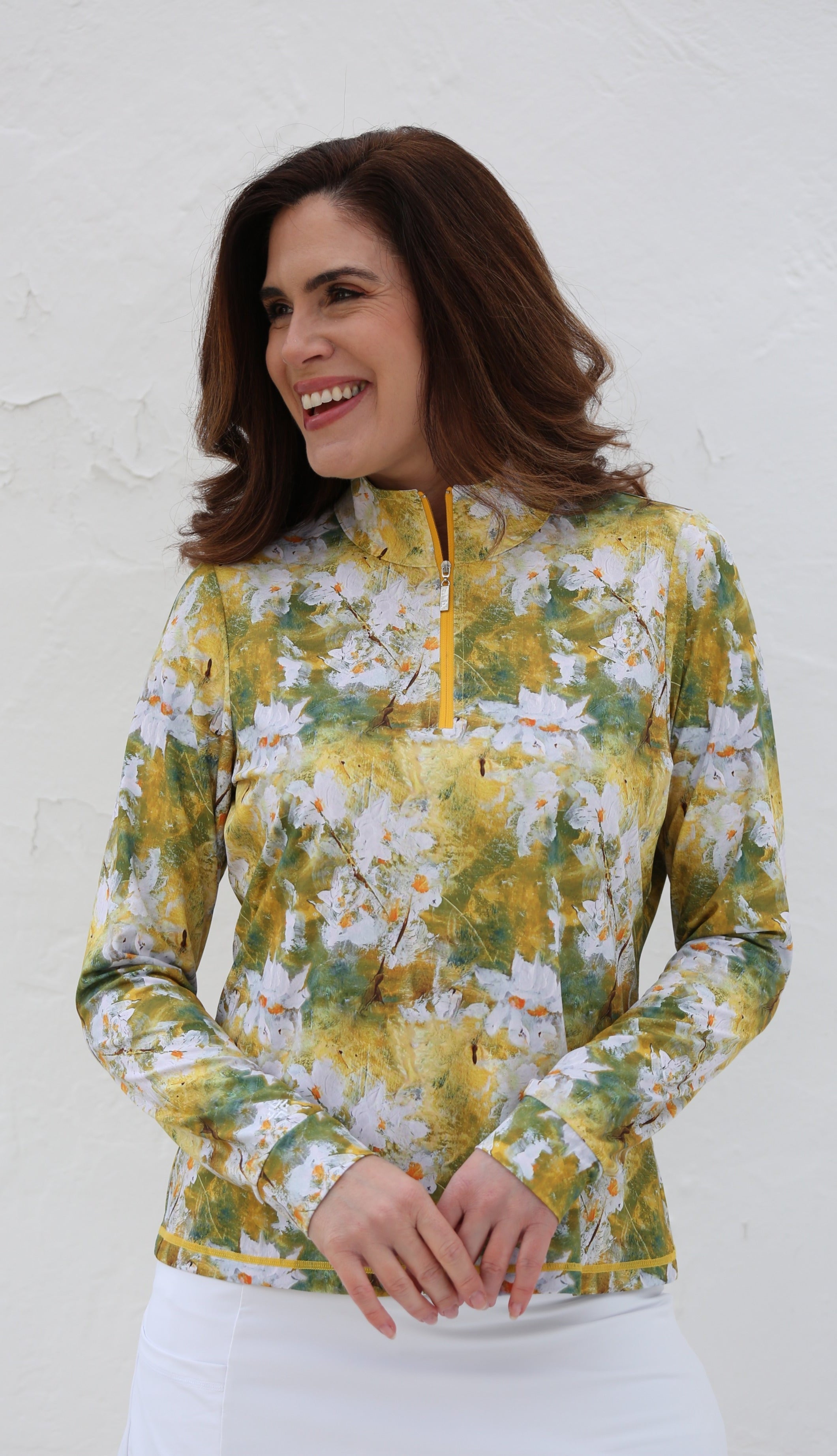 Long Sleeve Mid Layer Golf Shirt-Daisies