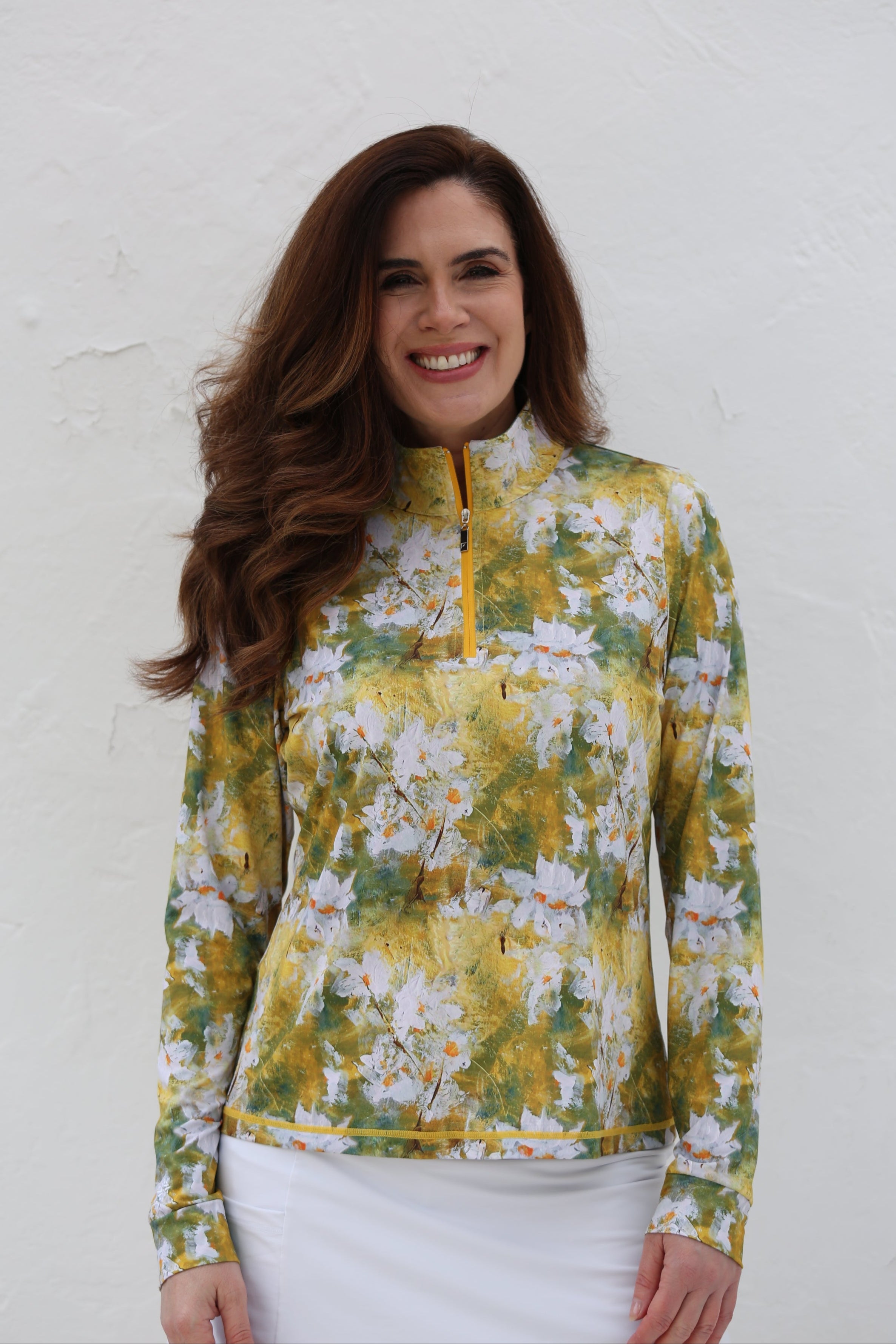 Long Sleeve Mid Layer Golf Shirt-Daisies