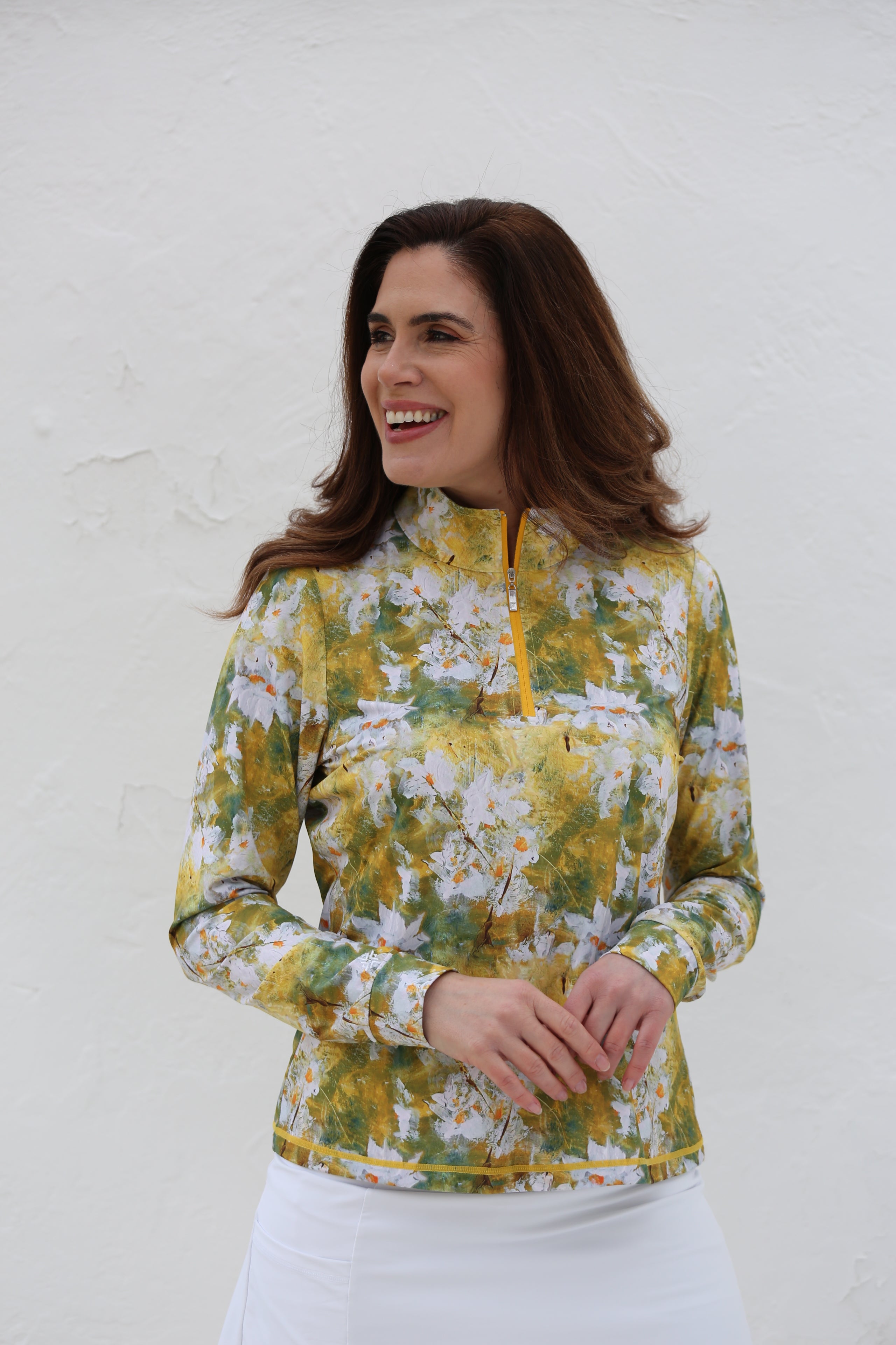 Long Sleeve Mid Layer Golf Shirt-Daisies
