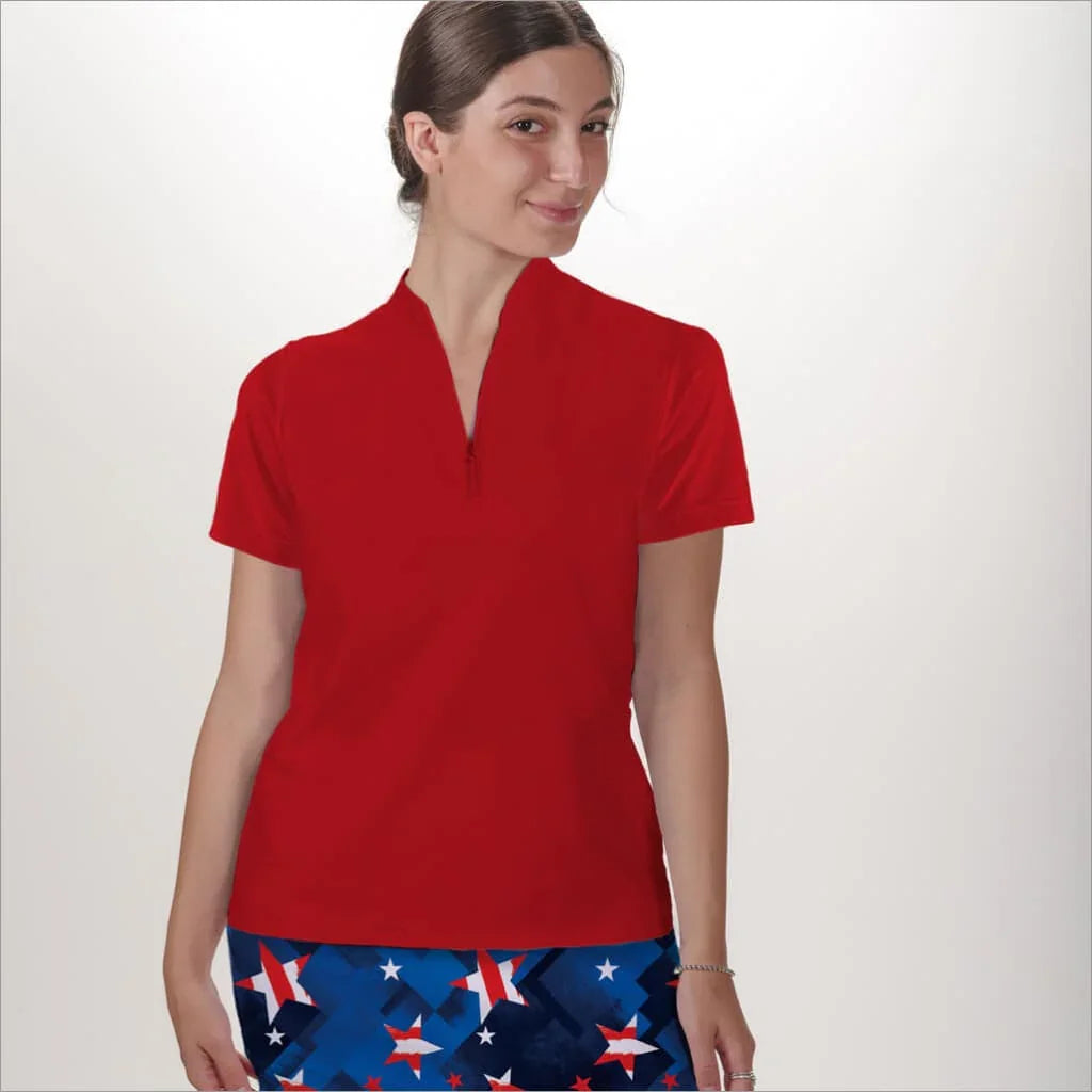 Red Polo Quarter Zip Neck Top - Shirts & Tops