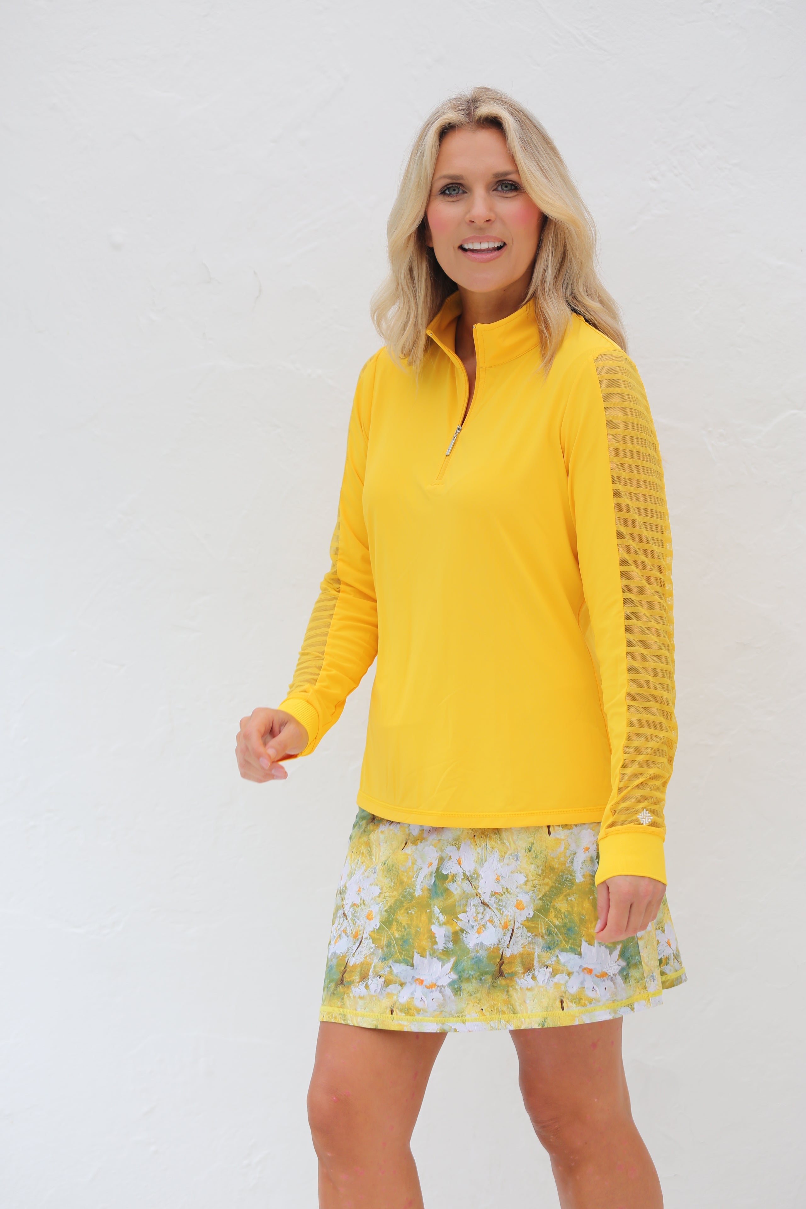 Sheer Sleeve Golf Shirt-Marigold