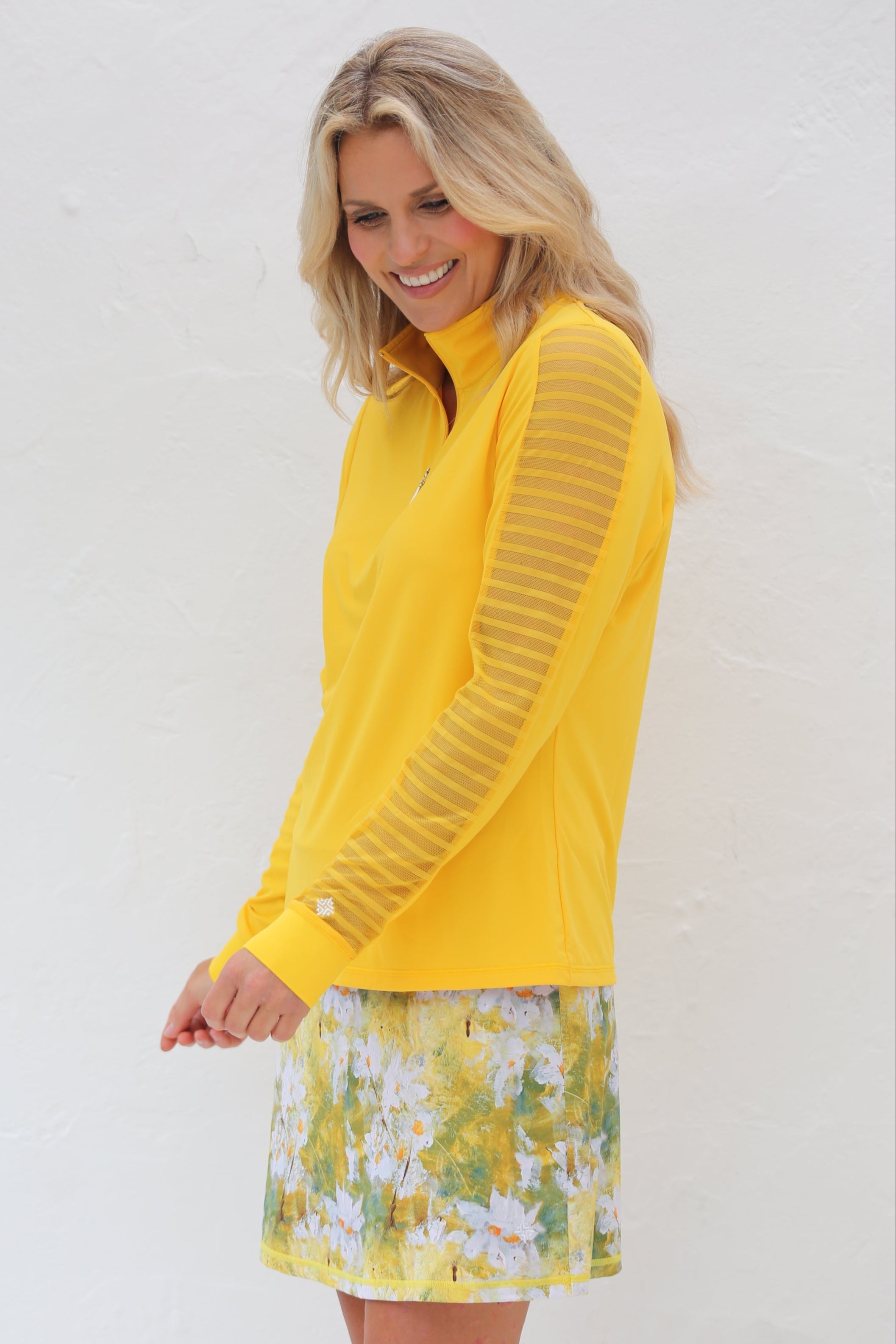 Sheer Sleeve Golf Shirt-Marigold