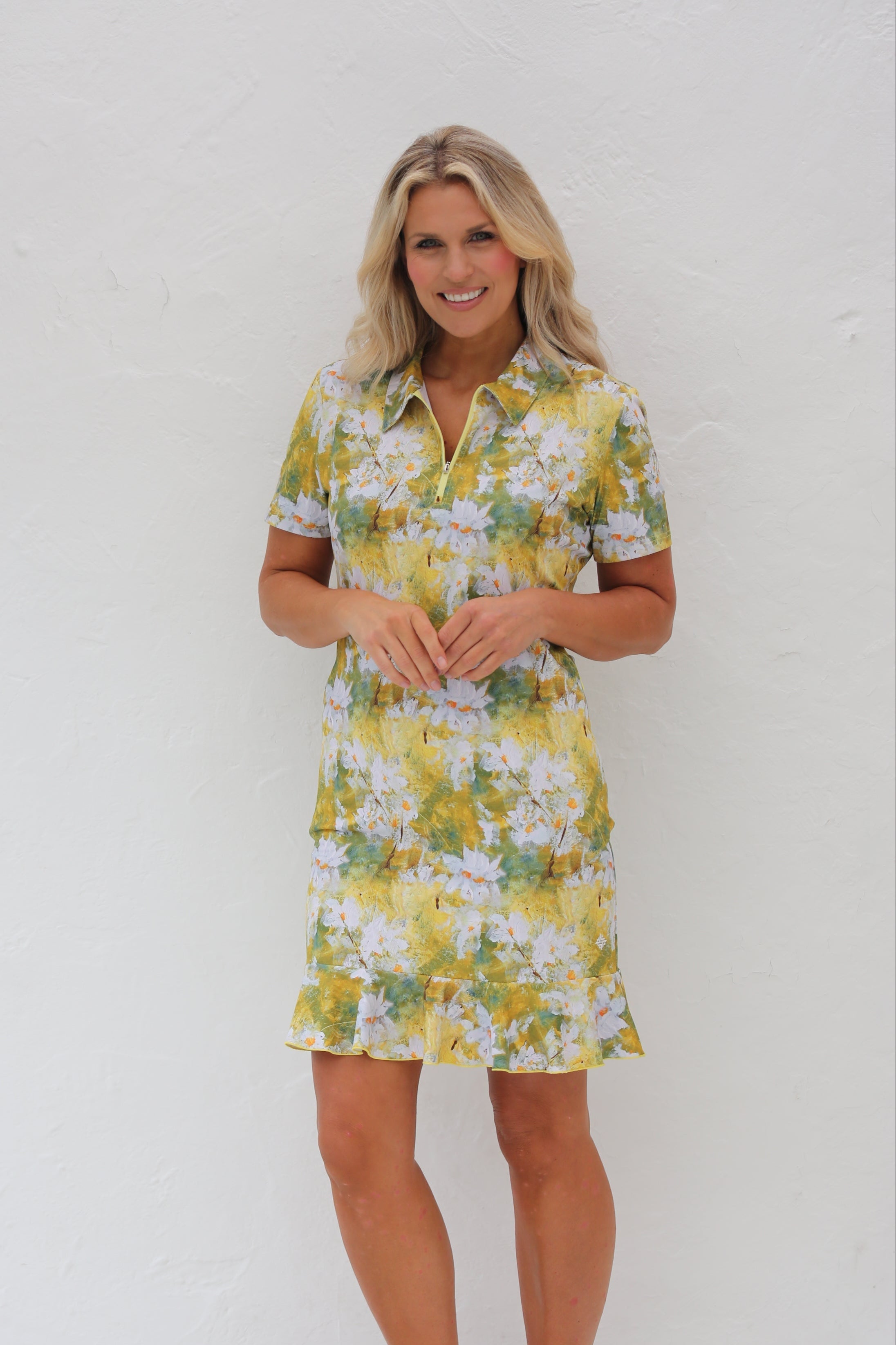 Short Sleeve Frill Golf Dress-Daisies
