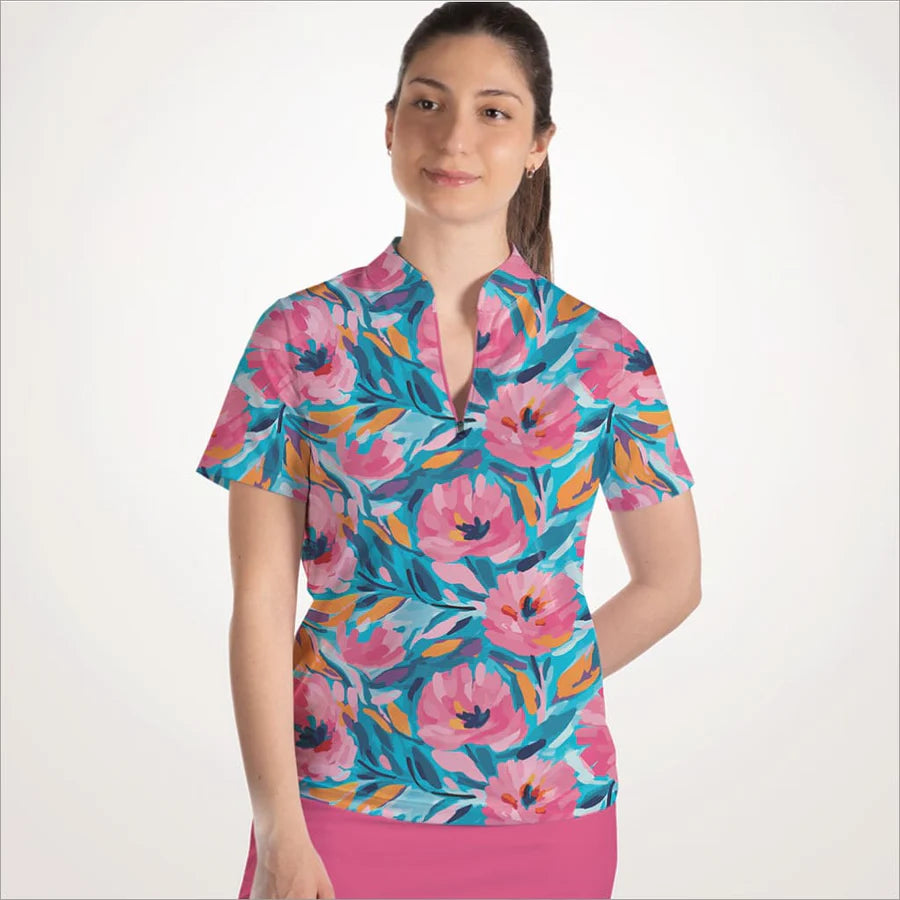 Miley's Flowers Polo Quarter Zip Top