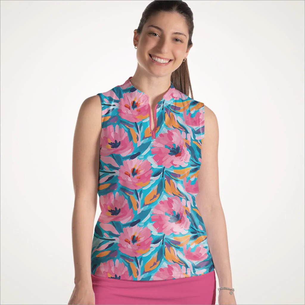 Miley's Flowers Sleeveless Quarter Zip Top
