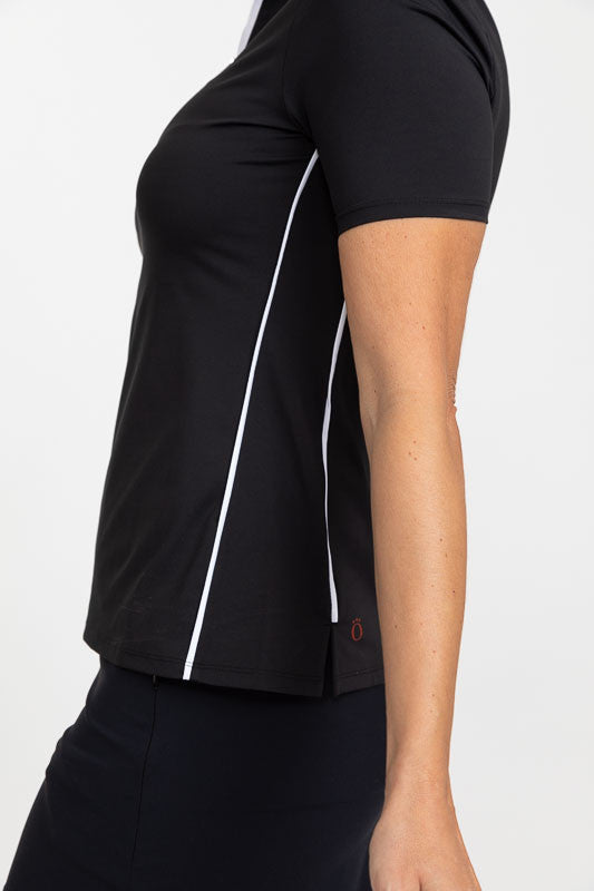 Left side view of a Keep It Covered Short Sleeve Golf Top in black