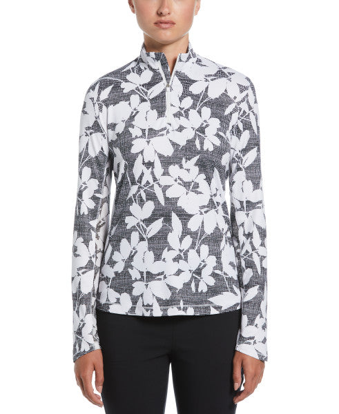 Abstract Floral Print 1/4 Zip Long Sleeve Mock Neck