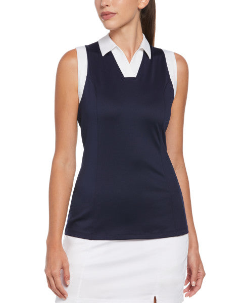 Sleeveless V-Placket Color Block Polo