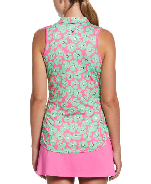 Floral Sleeveless Top with Mini Collar and Side Shirring